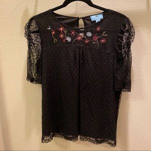 Black Floral Embroidery Top, Mesh Sleeve Size M